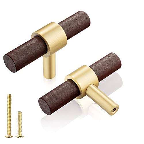 Qogrisun 6-Pack Brass Wood Knobs For Drawer Dresser, Gold Wood Cabinet Knobs, T Bar Single Hole Pulls Handles, Modern Kitchen Furniture Hardware, 2-3/8-Inch Total Length #TOP6
