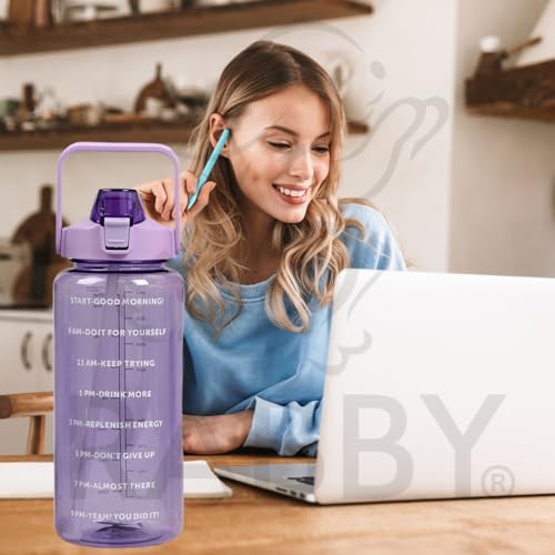 Image of RABBY 2L Motivational Water Bottle for Kids & School Use | Time Marker, BPA-Free, Leakproof Straw Lid, Carry Strap | Plastic Water Bottle for Travel, Sports, Gym, Office (Purple 1Pcs)