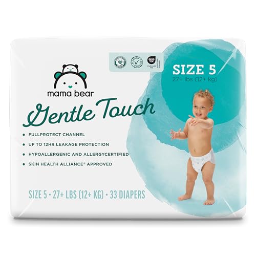 Amazon Brand - Mama Bear Gentle Touch Diapers, Size 5, 33 Count, 12 Hours Protection, Hypoallergenic, Wetness Indicator, Stretchy Waistband