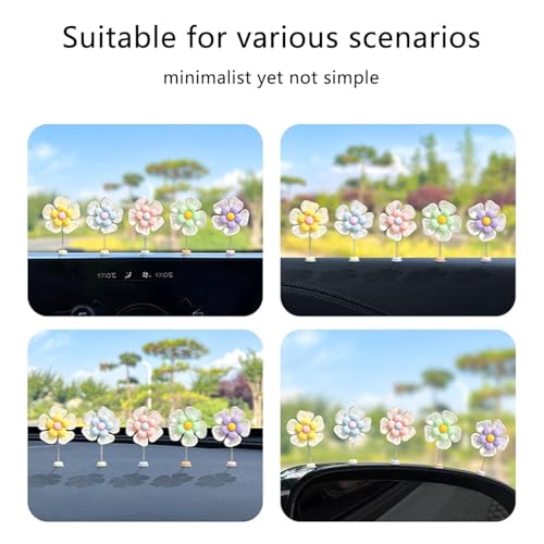 Image of Car Dashboard Decor Sunflower Cute Shaking Head Dancing Flower Interior Accessories Mirror Decorative Ornament (Includes 5 Flowers with Adhesive Stickers for Easy Install) (5 Pcs)