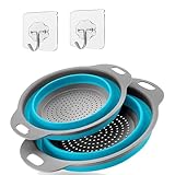 Collapsible Colander Set with Hooks & Silicone Funnel | 2-Pack Foldable Kitchen Strainers for Pasta, Fruit, Vegetables | Space-Saving for Kitchen & Travel (Blue)
