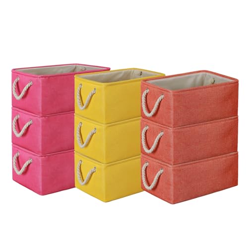 Image of SAMORADREA 9 Pack Storage Basket Bins & Decorative Baskets Fabric Storage Cubes Containers Bulk W/Handles for Office, Home, Books, Clothes, Bedroom, Closet ((Yellow/Pink/Orange))