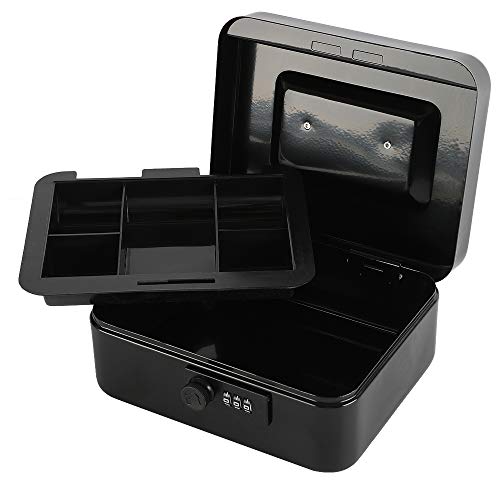 Xydled Steel Cash Box Safe With Combination Lock,Money Safe Box With Removable Coin Tray,Medium,7.87"X 6.30"X 3.54",Black #TOP3