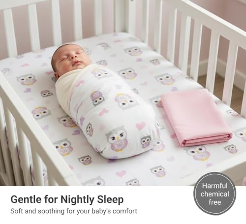 Image of EVERYDAY KIDS 2 Pack Fitted Girls Crib Sheet, 100% Soft Breathable Cotton Baby Sheet, Fits Standard Size Crib Mattress 28in x 52in, White Nursery Sheet with Pink Owls and Hearts and a Solid Pink