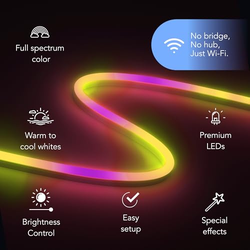 Image of LIFX Supercolor Neon Flex Outdoor Smart Rope Light, 16ft RGBW LED Strip with Polychrome Technology, 60 Addressable Zones, Bendable Silicone, Wi-Fi, Works with Alexa, Google, HomeKit, LFXNEON16 /WP