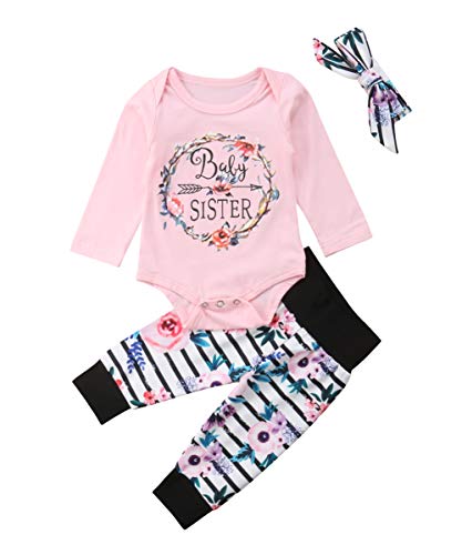 Image of Baby Girls Little Sister Bodysuit Tops Floral Pants Bowknot Headband Outfits Set