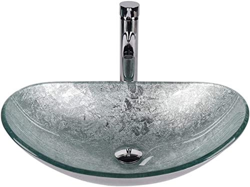 YOURLITE Boat Shape Bathroom Artistic Glass Vessel Sink Free Chrome Faucet Chrome Pop-up Drain,Silver - Thumbnail 7
