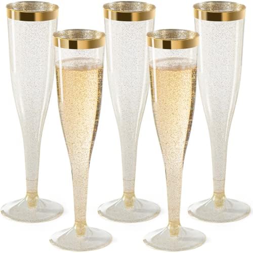 36 Plastic Champagne Flutes Disposable, 6.5 Oz Plastic Champagne Glasses Gold Rim & Glitter Gold Champagne Flutes, Mimosa Glasses Plastic, Brunch Decor, Plastic Flutes Champagne Disposable