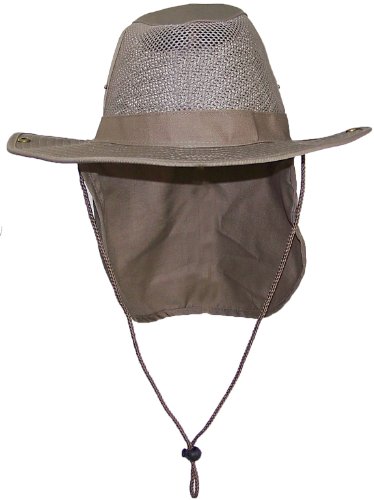 Tropic Hats Summer Wide Brim Mesh Safari/Outback W/Neck Flap & Snap Up Sides - Tan S