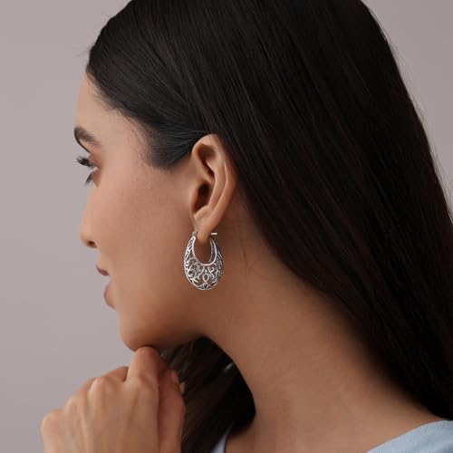 Image of TRUESILVER ACPL 925 Sterling Silver BIS Hallmarked Filigree Hoop Earrings for Women & Girls | Lightweight Designer Oval /Round Hoops | Everyday Wear | Gift for Her