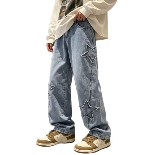 HBER Mens Y2k Star Jeans High Waisted Hip Hop Streetwear Jeans Light Blue