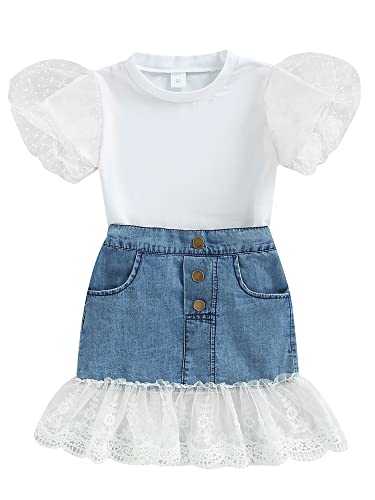 Toddler Kids Baby Girl Summer Outfit Short Puff Sleeve T-Shirt Tops + Denim Lace Hem Elastic Waist Skirt Short Dress Set (White, 3-4 Years) #TOP25