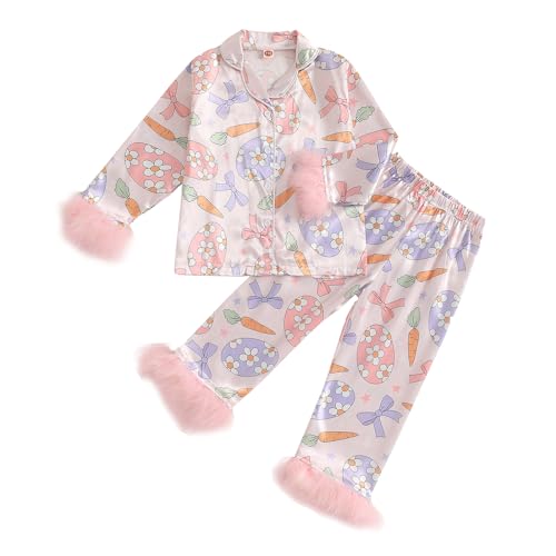 MAINESAKA Toddler Baby Girl Satin Pajamas Set Feather Trim Long Sleeve Button Down Tops Long Pants 2Pcs Pjs Sleepwear Outfits (N-Pink, 5-6 Years)
