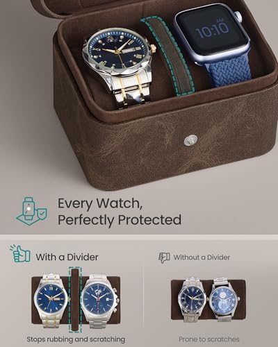 SONGMICS 2 Watch Travel Case, 2-Slot Watch Box, Pillow with Hidden Storage, Brown Surface, Brown Lining UJWB029KZ01 - 2
