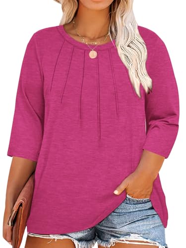 Image of Chulianyouhuo Womens Plus Size Tops 3 /4 Sleeve Casual T Shirts | Crew Neck, Pleated Blouse Tee, Dressy Casual Shirts, Loose Fit Tunic Tops, Soft Fabric, Going Out Outfits