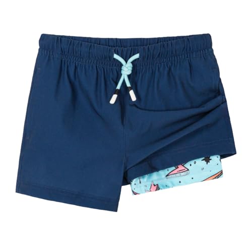 SURF CUZ Boys Swim Trunks with Compression Liner Toddler Swimsuit Boy Swim Shorts Bathing Suits Boxer Brief Swimming Trunks Navy Lake Blue 10-12 Years