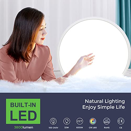 LightingWill 15.7 Inch LED Flush Mount Ceiling Light Fixture, 6000K Cool White, 3800LM, 32W, Flat Modern Round Lighting Fixture, 320W Equivalent White Ceiling Lamp for Kitchens, Bedrooms.etc.