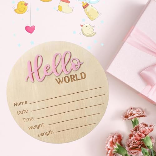 Image of Baby Announcement Sign, 5.9 Inch Wooden Hello World Newborn Signs, Birth Announcement Sign, Baby Shower Hospital Nursery for Newborn Boys and Girls (Pink,Pen)