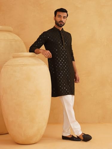Image of SOJANYA (Since 1958 Men's Cotton Gold Embroidered Sequinned Kurta With white churidar Pyjama