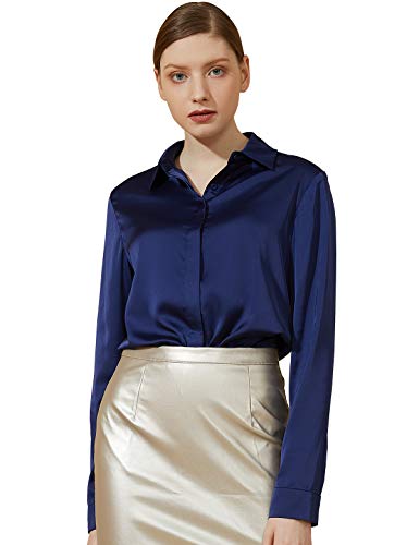 Escalier Women's Satin Silk Long Sleeve Button Down Shirt Casual Work Office Silky Blouse Top Navy L