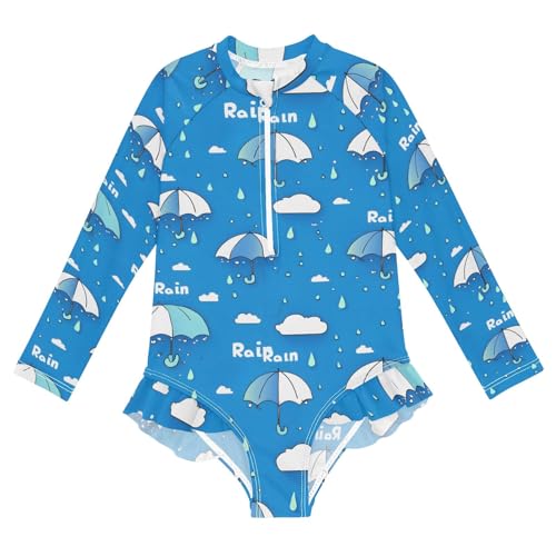 ALAZA Toddler Swimsuit Girl Bathing Suit Swimwear Rash Guard Rain Umbrella Blue Long Sleeve 3T