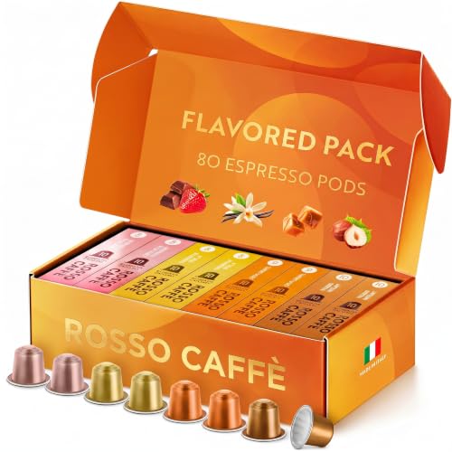 ROSSO CAFFÈ Espresso Coffee Pods for Nespresso Original Machines - 80 Capsules Flavored Pack, 4 Rich and Balanced Flavors (Chocolate, Vanilla, Crème Caramel, Hazelnut) - Made in Italy