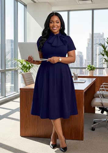 Image of FANDEE Midi Dress for Women Casual Short Sleeve A-line Semi Formal Fit and Flare Dress Classy Tie Neck Work Business Dresses