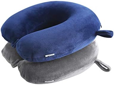Travel Pillow Memory Foam Airplane Comfortable U Shape Neck Pillow with Bag Set of Two, Blue and Grey