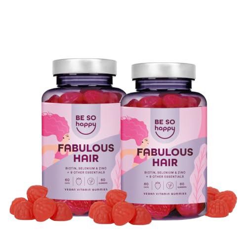 Gominolas para el pelo con Biotina6000 mcg, 120 dias, Vitaminas para el Cabello con +10 componentes: Zinc, Selenio y Vitaminas A, B6, B12, C, D, E, Sabor a Fresa, Veganas, BeSoHappy®