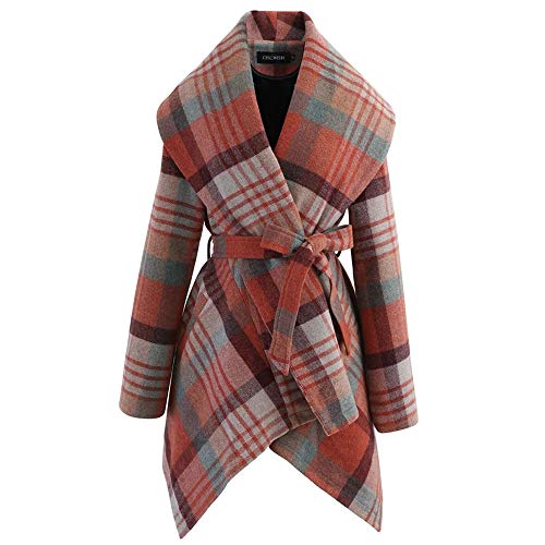 image for CHICWISH Women's Turn Down Shawl Collar Open Front Coral Check Asymmet