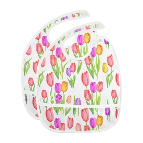 MCHIVER Tulip Flower White Baby Bibs for Boy Girl Toddler Waterproof Feeding Bib Apron with Food Cather Adjustable Cotton Food Eating Bib 2 Pack