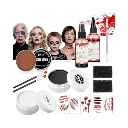 JOYTIX®Kit Maquillaje SFX Cera Cicatrices Sangre Falso Gel Paleta Pintura Cara Negro Blanco | Maquillaje Halloween Terror para Heridas Escalofriantes Looks Zombie Esqueleto(Set B)