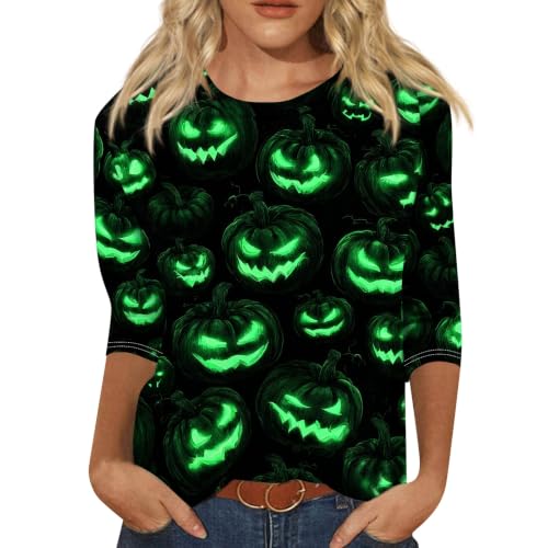 Image of Women Spooky Halloween Graphic Shirt 3 /4 Length Sleeve Crewneck Top | Halloween Funny Printed Pumpkin Plus Size Tshirts 2026 Fall Outfits Skeleton Tee Going Out Tops