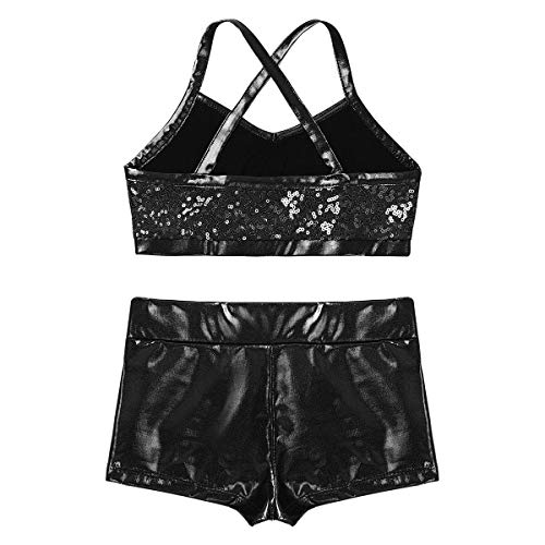 JanJean Kids Girls 2 Piece Ballet Active Outfits Gymnastics Leotard Dance Gym Workout Shiny Tank Top with Booty Shorts Black 5-6 - Thumbnail 3