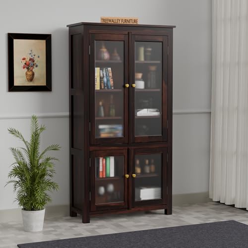Image of Solid Sheesham Wood Crockery Cabinet with 4 Acrylic Glass Doors | Wooden Wardrobe Kitchen Cabinet with 6 Shelves Storage | Bookcase for Living Room, Bedroom & Office | Walnut Finish
