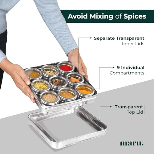 Image of Maru Steel 9-In-1 Masala Container for Kitchen with Heavy-Duty Square Box, Airtight & Durable 9 Storage containers with see-through lids 140ml each, Ideal for Spices, Herbs, Dry Fruits, Mukhwas & More