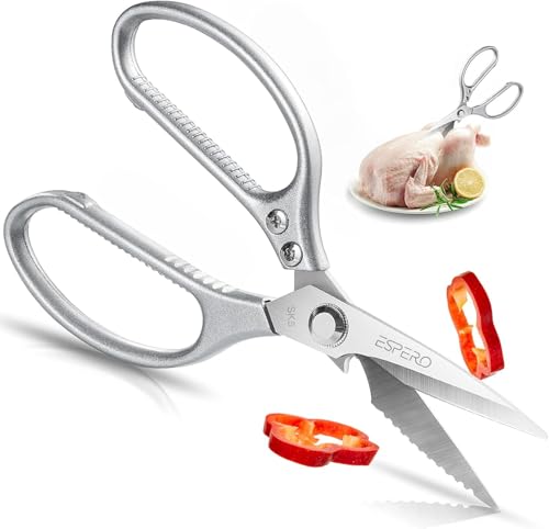 Image of ESPERO Multi Purpose Made In Japan Kitchen Scissors, food scissors,Premium Stainless Steel Solid Kitchen Shears for Meat, Seafood, Chicken, Vegetables, Herbs, BBQ, Bottle Opener (Silver)