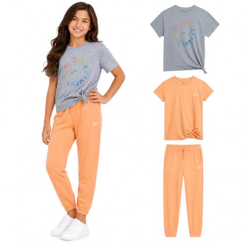 Image of Reebok Girls Sweatpant Set - 3 Piece Athletic Short Sleeve Girls Shirts and Jogger Sweatpants with Pockets - Kids Workout Set