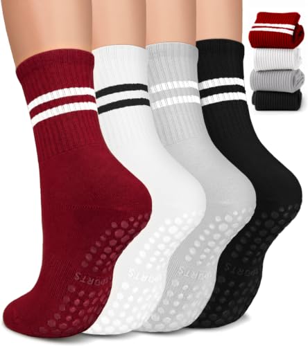Image of Pilates Socks for Women, Non Slip Grip Socks for Yoga, Barre, Hospital, Grippy Socks Womens Gifts, 4 Pairs