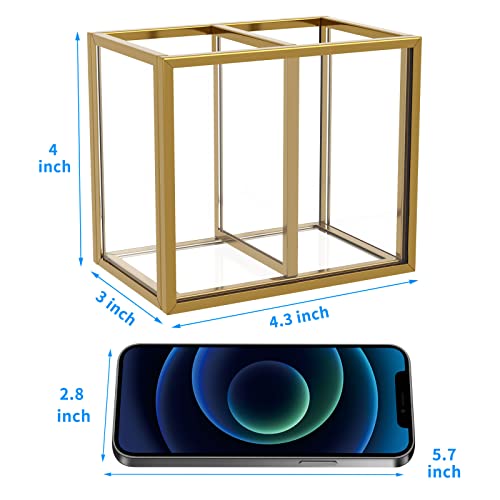 Image of NIUBEE Gold Acrylic Pen Holder for Desk, Clear Pencil Cup Organizer Makeup Brush Holder, Acrylic Desk Organizers and Accessories for Desktop Office - 2 Compartments