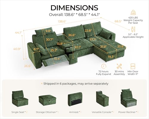 Image of 138.6'' Oversized Power Recliner Sofa with Headrest, Modular Cloud Sectional Couch with Convertible Table, Charging, Drawer, Cup Holder, 4-Seater with Storage Ottoman, Chenille, Green