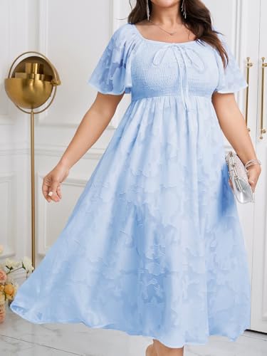 Image of SCOMCHIC Women's Plus Size Formal Dresses Square Neck Short Sleeve Lace Floral Smocked Flowy Long Maxi Wedding Guest Dress
