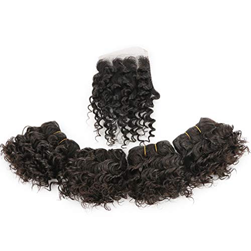 Goldfinch Short Curly Bundles with Closure 5 inches Brazilian Short Curly Human Hair 4 bundles with Lace Closure Kinky Curly Virgin Hair Extensions 50g/bundle (5 5 5 5 + 8 closure) Black