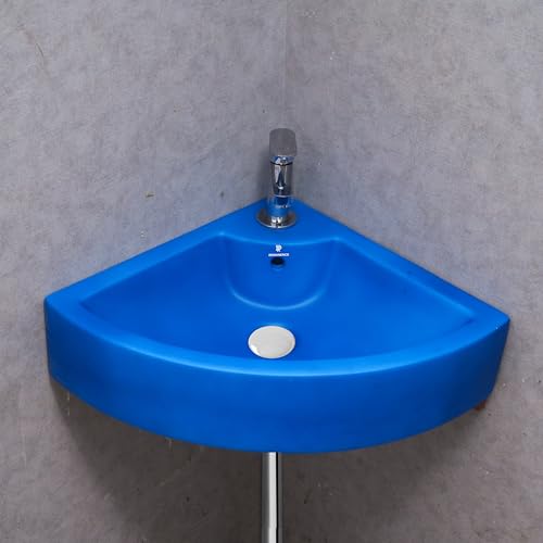 Image of REMANENCE Ceramic Wall Hung Corner Wash Basin for Bathroom | Wall Mounted Corner Sink (20.4 x 15 x 6 Inch) (Blue)