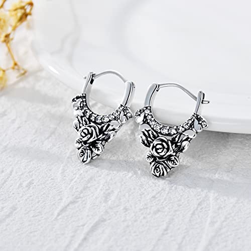 925 Sterling Silver Floral Snap Down Closure Hoop Earrings Oxidation Balinese Tribal Boho Flower Hoop Earrings For Women Girls #TOP4