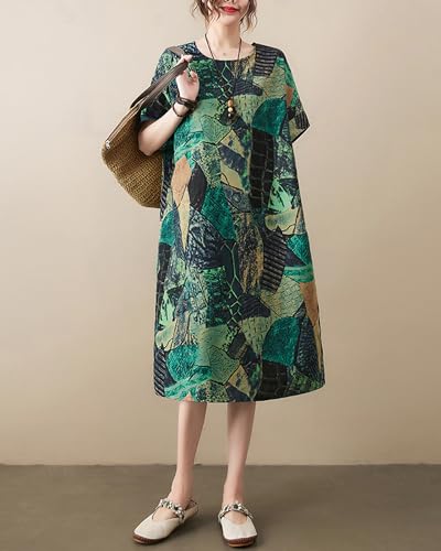 Image of LUZU JUNU Women's Summer Baggy Plus Size Loose Cotton Linen Long Boho Beach Dress with Pockets