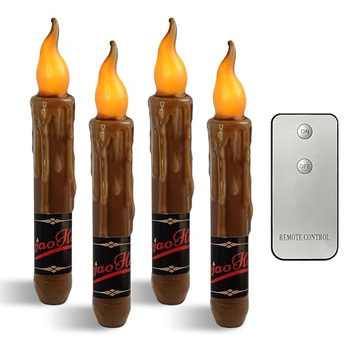 Image of Decor Real Wax LED Flameless Fall Short Taper Candles with Remote, 6.7 Inches Brown Candlesticks, Dripless Battery Operated Flame Rustic Primitive Flameless Lights Decor, Pack of 4