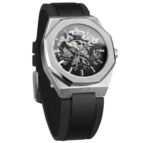 BOLYTE Montre Homme Mécanique Automatique à Cadran Squelette avec Aiguilles Lumineuses, Bracelet en Silicone Noir, Boîtier Octogonal, Argenté/noir,...