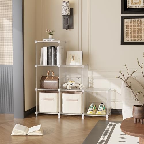 Image of AWTATOS Cube Storage Organizer, Closet Organizers and Storage, 6 Cube Shelves Bookshelf, DIY Stackable Plastic Clothes Organizer Shelving for Bedroom, Home, Transparent Twill