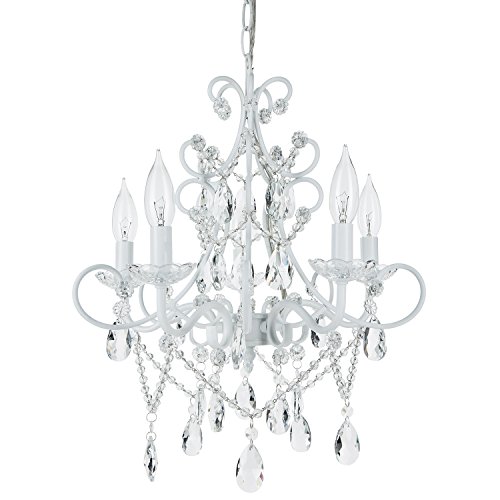 Amalfi Decor 5 Light LED Crystal Beaded Chandelier, Mini Wrought Iron K9 Glass Pendant Light Fixture Contemporary Nursery Kids Room Dimmable Plug in Hanging Ceiling Lamp, White